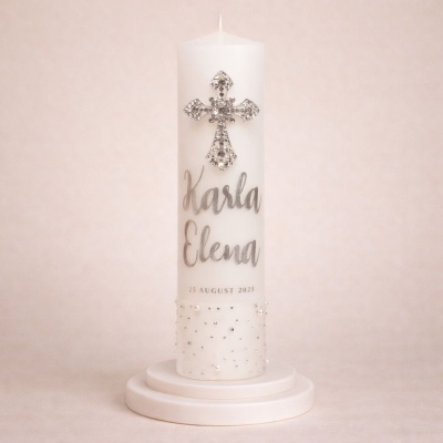 lumanare de botez cu detalii argintii