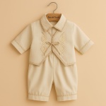 Salopetă băiețel cu vestă din stofă si dantelă ivoar - Model Eden