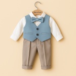 Costum băiețel cu papion si vestă elegant, din stofă colorată - Model Claro