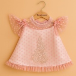 Rochiță elegantă din tulle cu buline roz si detalii florale - Model Wanda