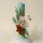 Lumanare de Botez pentru băiețel din parafină verde și ursuleț - Model Sage