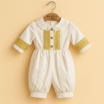 Salopetă cu detalii aurii și dantelă alba, realizată din stofă - Model Golden