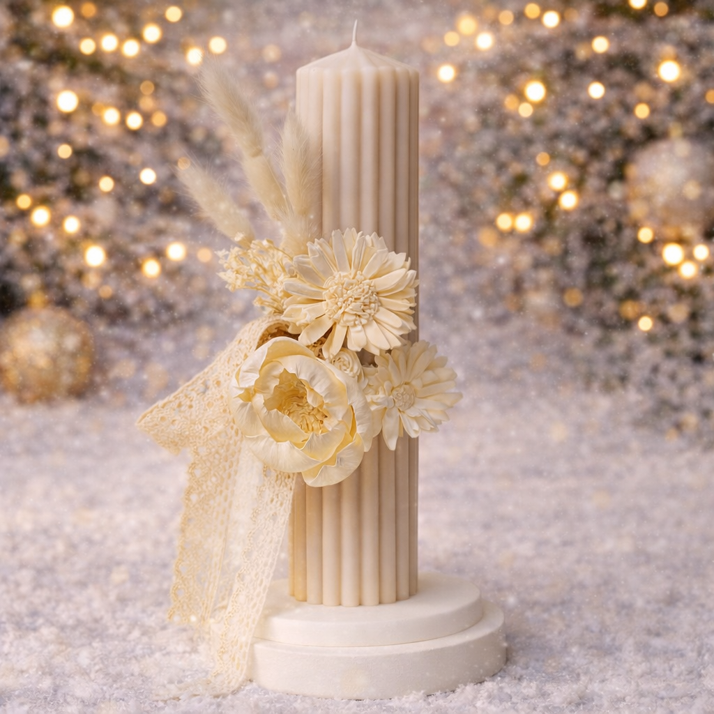 Lumânare botez iarnă SOL cappuccino – parafină cu flori uscate lumânare botez iarnă SOL cappuccino din parafină cu striații, decorată cu flori naturale uscate