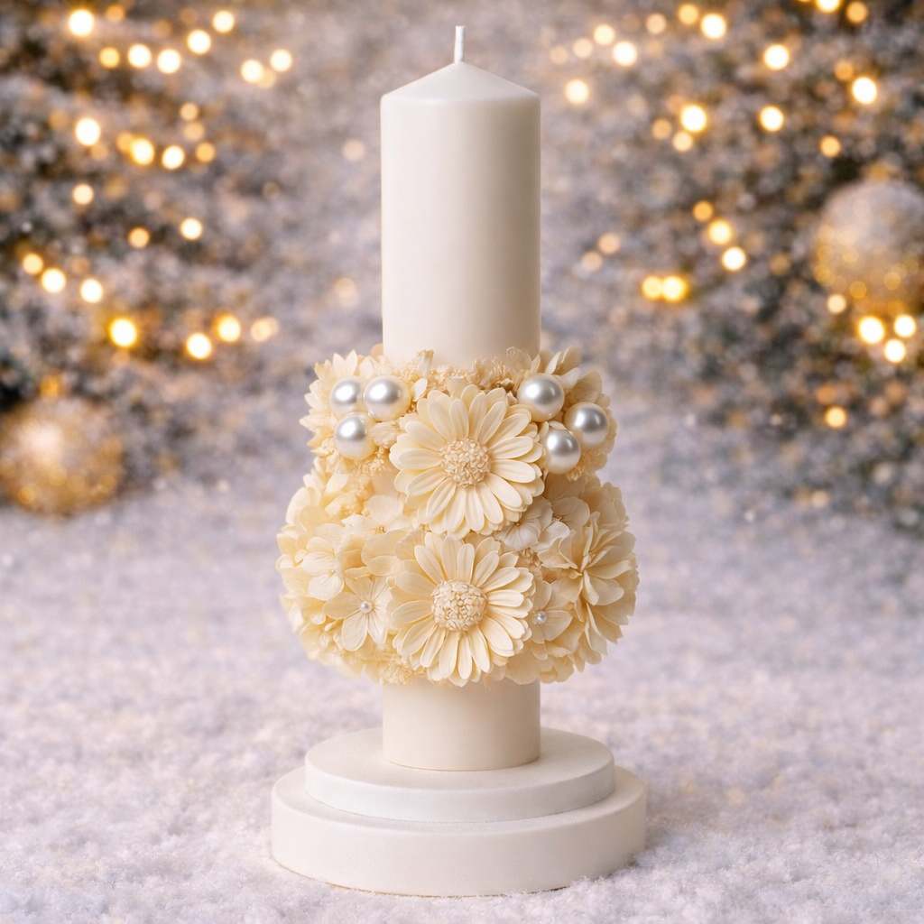 Lumânare botez iarnă ALBA – parafină cu flori naturale uscate lumânare botez iarnă ALBA din parafină decorată cu flori naturale uscate