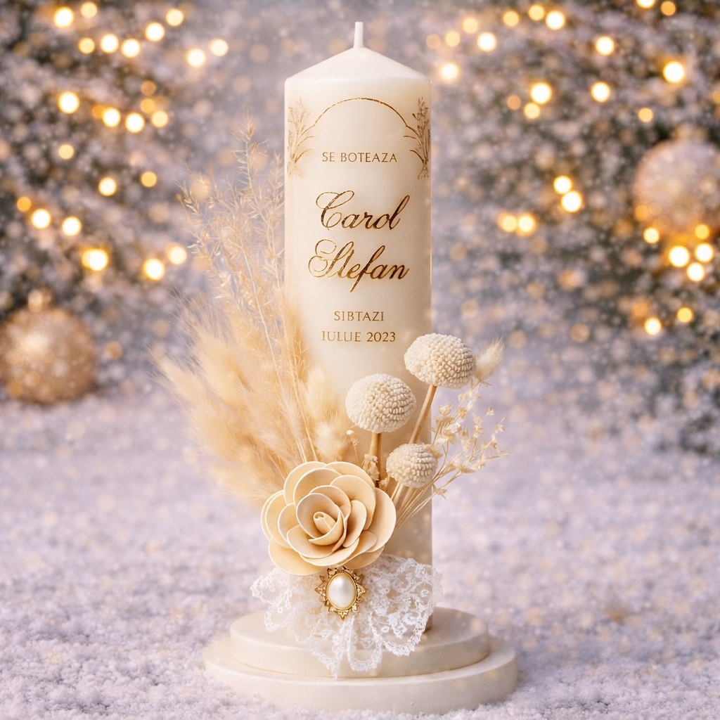 Lumânare botez iarnă CAROL ivoar – Botez de Poveste Lumânare botez iarnă CAROL ivoar cu flori naturale uscate și personalizare cu foliu auriu