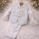 Costum botez băiețel din brocart argintiu și bumbac - iarna – Porthos - imagine 2