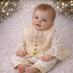 Costum botez băiețel din brocart auriu și bumbac - iarna – Porthos