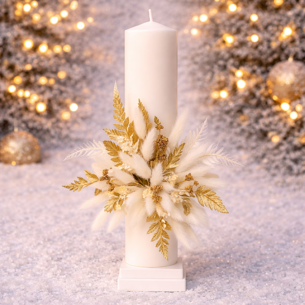 Lumânare botez iarnă PUF Auriu – Botez de Poveste lumânare botez iarnă PUF Auriu din parafină decorată manual