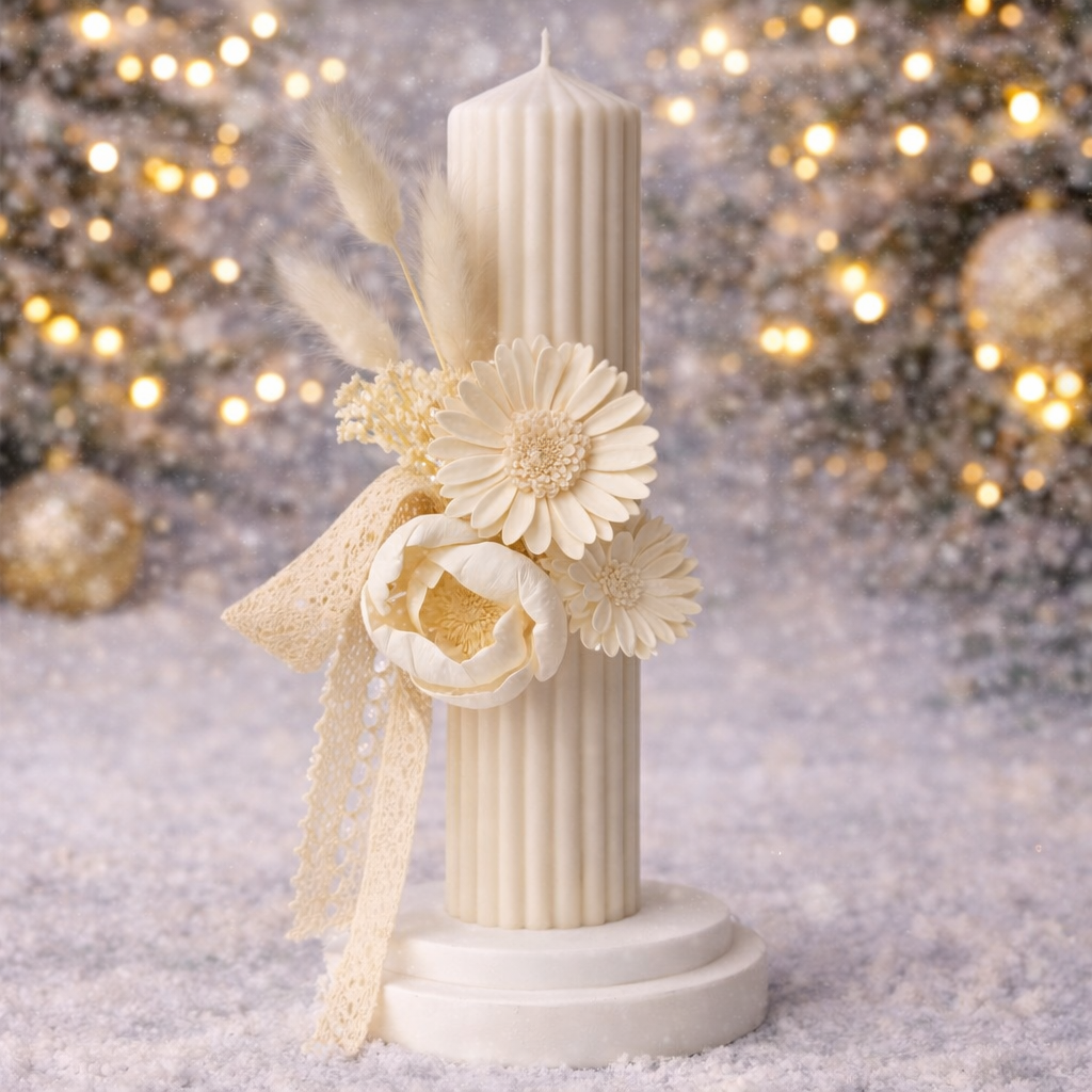 Lumânare botez iarnă SOL ivoar – parafină cu flori uscate lumânare botez iarnă SOL ivoar din parafină cu striații, decorată cu flori naturale uscate 🔹 Titlu imagine