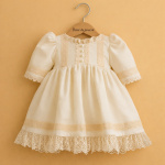 Rochiță de botez Ivory Grace pentru fetiță din catifea ivory, cu dantelă fină și manșete elegante