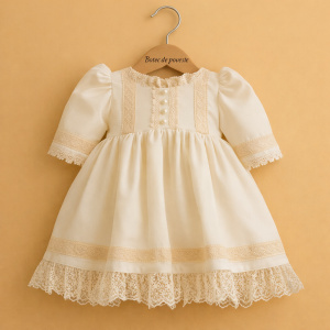 Rochiță de botez Ivory Grace pentru fetiță din catifea ivory, cu dantelă fină și manșete elegante