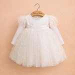 Rochiță de botez pentru fetiță elegantă cu perle și pene fine - Model Anastasia - imagine 3